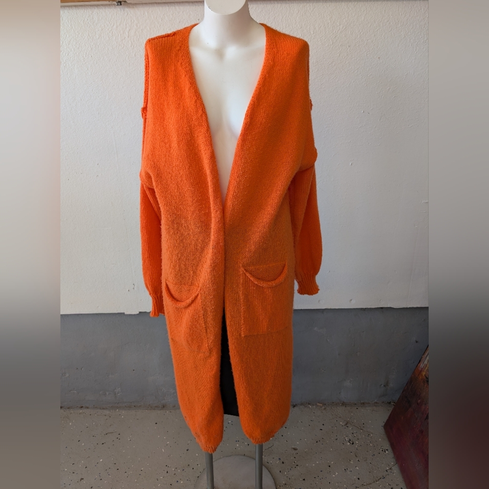 Orange 'Love Peace' Long Knit Cardigan Sweater - Picture 2 of 2